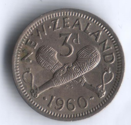 Монета 3 пенса. 1960 год, Новая Зеландия.
