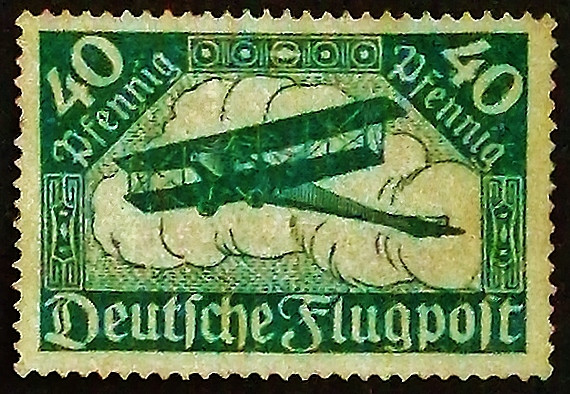 Почтовая марка. "Биплан Шнайдера LVG". 1919 год, Германский Рейх.