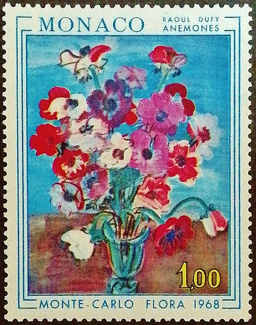 Марка почтовая. «Букет ветреницы», Рауль Дюфи. 1968 год, Монако.