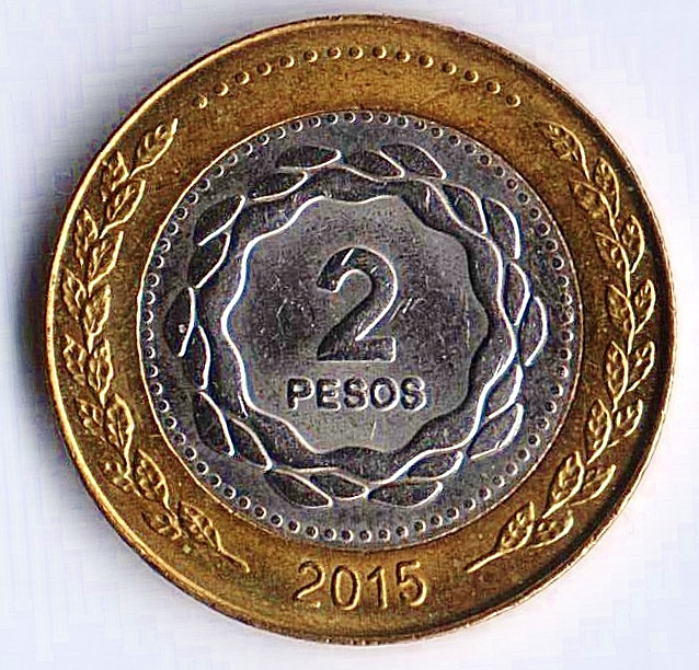 Монета 2 песо. 2015 год, Аргентина.