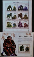 Блок марок (6 шт.) с мини-блоком. "Гориллы". 2009 год, Коморские острова.