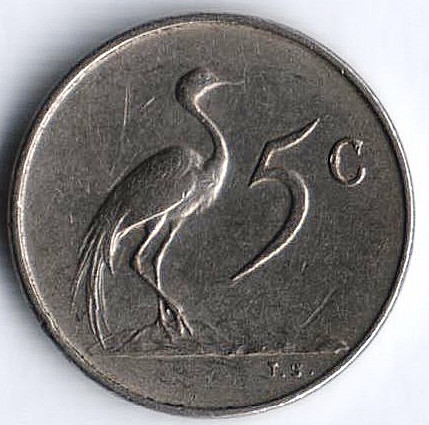 Монета 5 центов. 1966 год, ЮАР (South-Africa).
