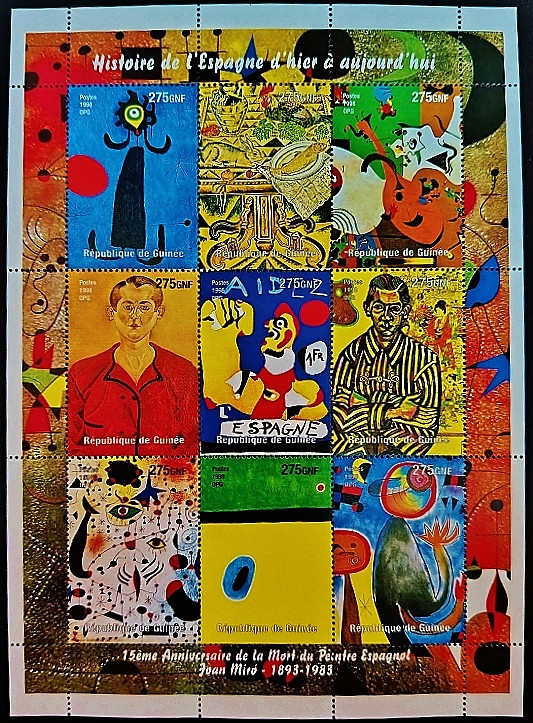 Блок марок (9 шт.). "Картины Жоана Миро". 1998 год, Гвинея.