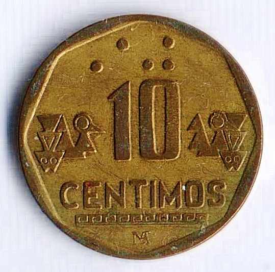 Монета 10 сентимо. 1997 год, Перу.
