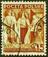Почтовая марка. "Король Владислав II Ягайло и королева Ядвига". 1938 год, Польша.