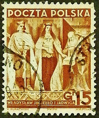 Почтовая марка. "Король Владислав II Ягайло и королева Ядвига". 1938 год, Польша.