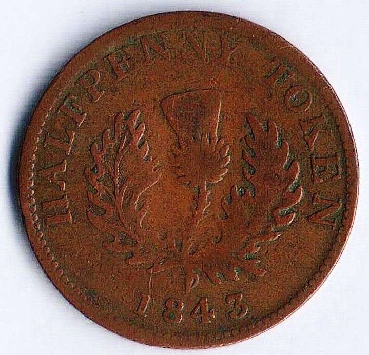 Токен 1 пенни. 1843 год, Новая Шотландия.