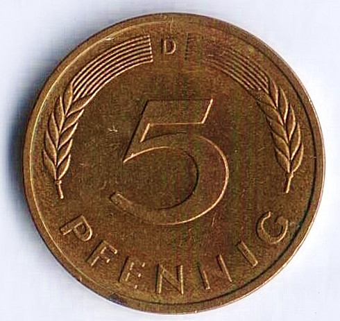 Монета 5 пфеннигов. 1980(D) год, ФРГ.