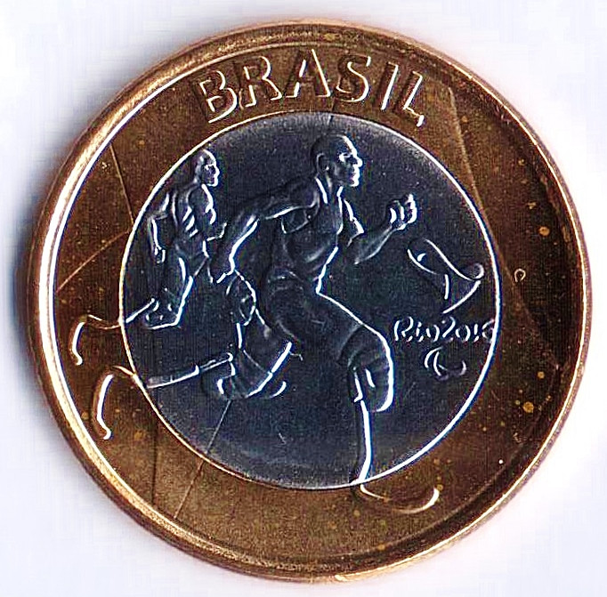 Монета 1 реал. 2015 год, Бразилия. Паралимпийские Игры "Рио-2016", лёгкая атлетика.