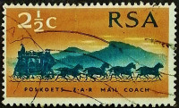 Почтовая марка (2⅟₂ c.). "100-летие первых марок ЮАР". 1969 год, ЮАР.