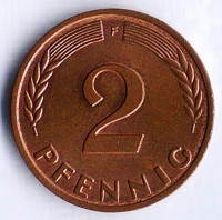 Монета 2 пфеннига. 1967(F) год, ФРГ.
