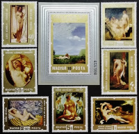 Набор почтовых марок (7 шт.) с блоком. "Картины обнажённой натуры". 1974 год, Венгрия.