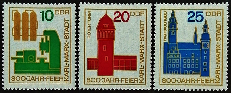 Набор марок (3 шт.). "800-летие города Хемниц". 1965 год, ГДР.
