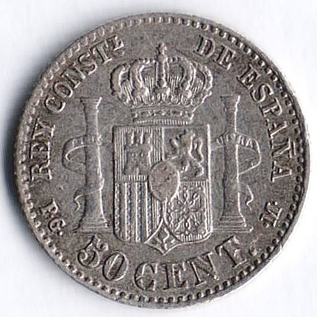 Монета 50 сентимо. 1892(92) год, Испания.