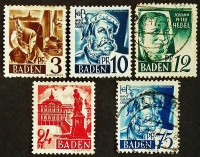 Набор почтовых марок (5 шт.). "Личности и виды Бадена". 1947 год, Германия (Французская оккупация Бадена).