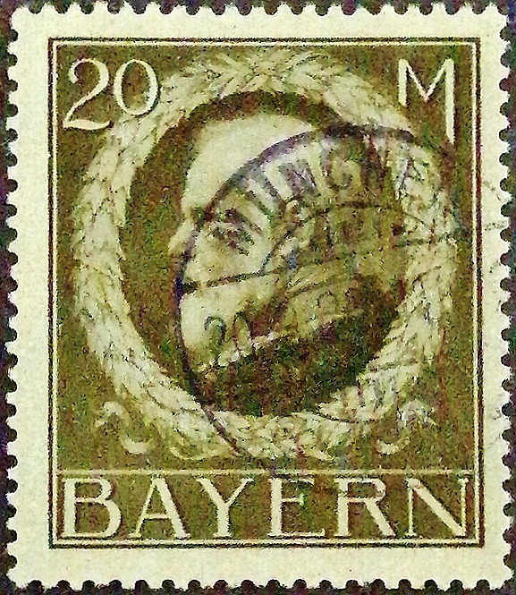 Почтовая марка (20 m.). "Король Людвиг III". 1914 год, Бавария. Почтовая марка (20 m.). "Король Людвиг III". 1914 год, Бавария.