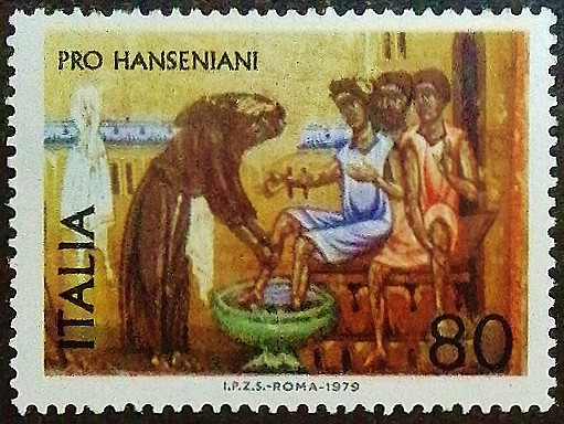 Марка почтовая. «Святой Франциск омывает ноги прокаженного», М. Франческо Барди. 1979 год, Италия.