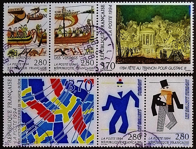 Набор почтовых марок (6 шт.). "Французско-Шведские культурные отношения". 1994 год, Франция.