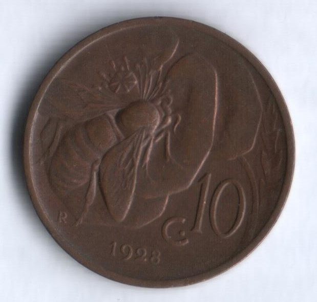 Монета 10 чентезимо. 1928 год, Италия.