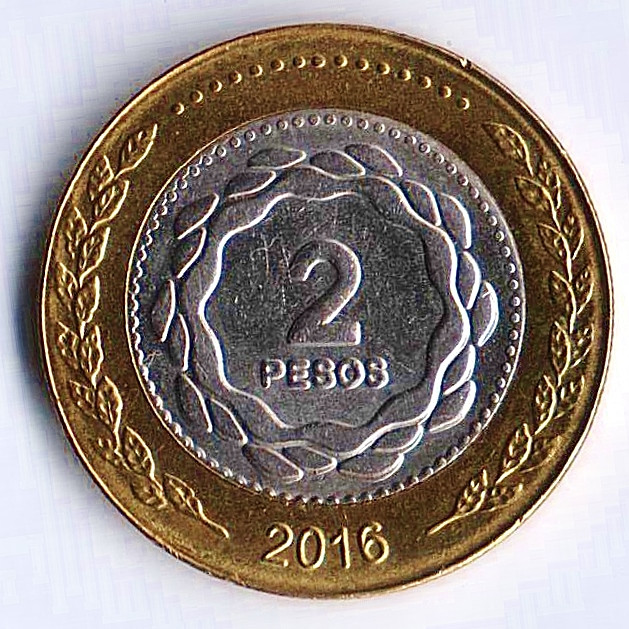 Монета 2 песо. 2016 год, Аргентина.