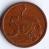 Монета 5 центов. 1997 год, ЮАР.