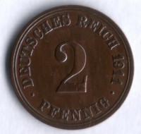 Монета 2 пфеннига. 1911 год (A), Германская империя.