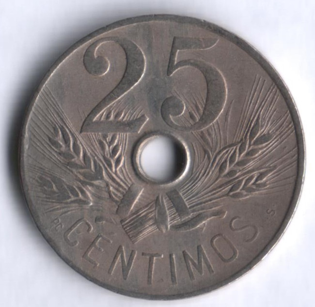 Монета 25 сентимо. 1927 год, Испания. 