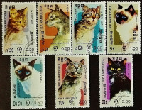 Набор почтовых марок (7 шт.). "Домашние кошки". 1985 год, Камбоджа.