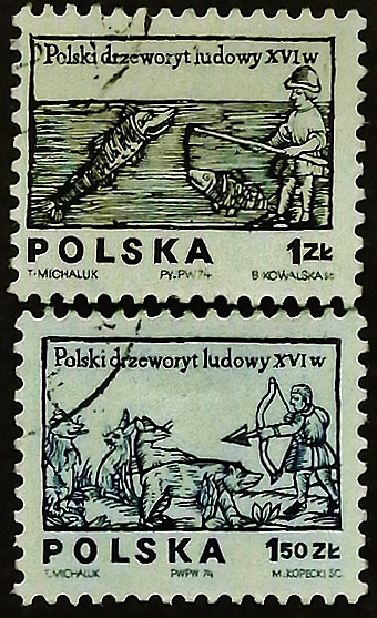 Набор почтовых марок (2 шт.). "Рисунки с ксилографий XVI века". 1974 год, Польша.