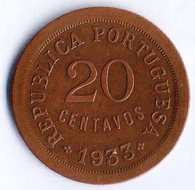 Монета 20 сентаво. 1933 год, Португальская Гвинея.