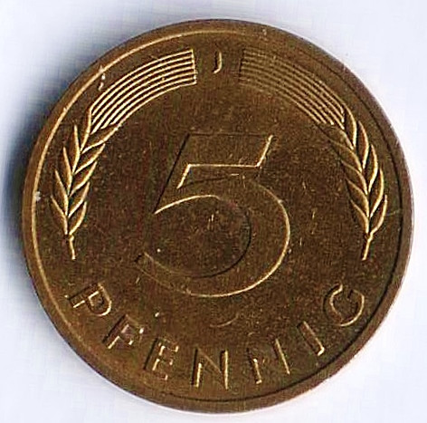 Монета 5 пфеннигов. 1980(J) год, ФРГ.