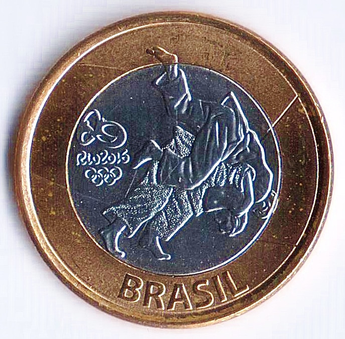 Монета 1 реал. 2015 год, Бразилия. Олимпийские Игры "Рио-2016", дзюдо.