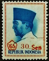 Марка почтовая (30 s.). "Президент Сукарно (надпечатка `65)". 1965 год, Индонезия.