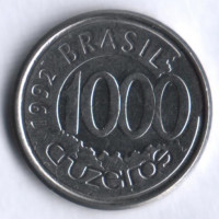 Монета 1000 крузейро. 1992 год, Бразилия. Рыба - Акара.