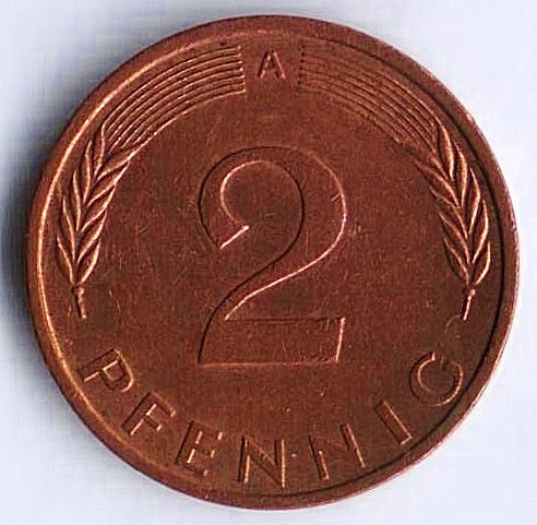 Монета 2 пфеннига. 1995(A) год, ФРГ.