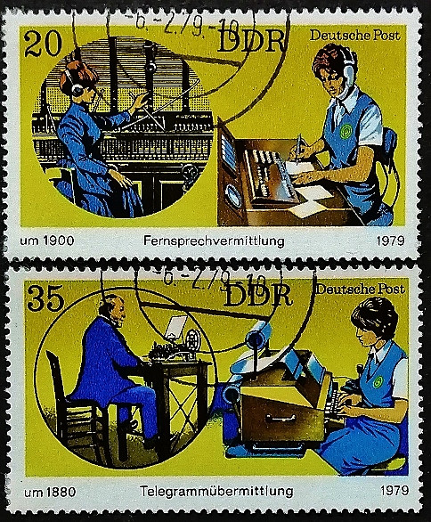 Набор почтовых марок  (2 шт.). "Телефонная станция и Телеграфный перевод". 1979 год, ГДР.
