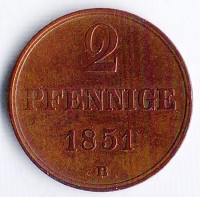 Монета 2 пфеннига. 1851(B) год, Брауншвейг-Вольфенбюттель.