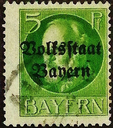 Почтовая марка (5 pf.). "Король Людвиг III ("Volksstaat")". 1919 год, Бавария. Почтовая марка (5 pf.). "Король Людвиг III ("Volksstaat")". 1919 год, Бавария.