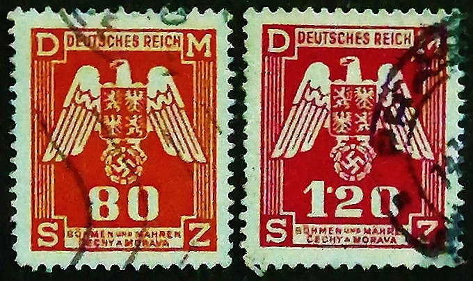 Набор почтовых марок (2 шт.). "Орел со щитом Богемии". 1943 год, Богемия и Моравия.