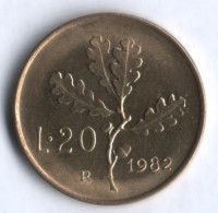 Монета 20 лир. 1982 год, Италия.