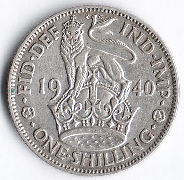 Монета 1 шиллинг. 1940 год, Великобритания (Лев Англии).