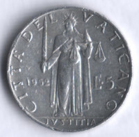 Монета 5 лир. 1952 год, Ватикан.