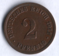 Монета 2 пфеннига. 1911 год (D), Германская империя.