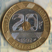 Монета 20 франков. 1992 год, Франция. V закрытая.
