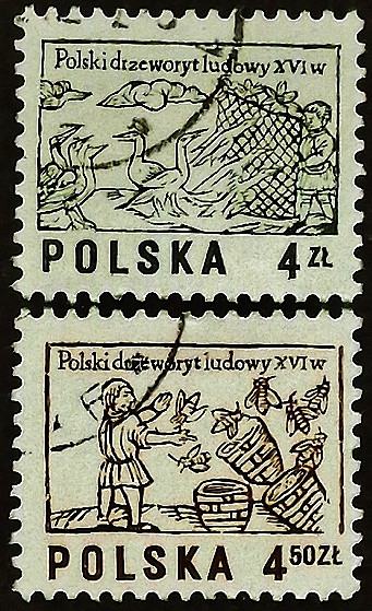 Набор почтовых марок (2 шт.). "Рисунки с ксилографий XVI века". 1977 год, Польша.