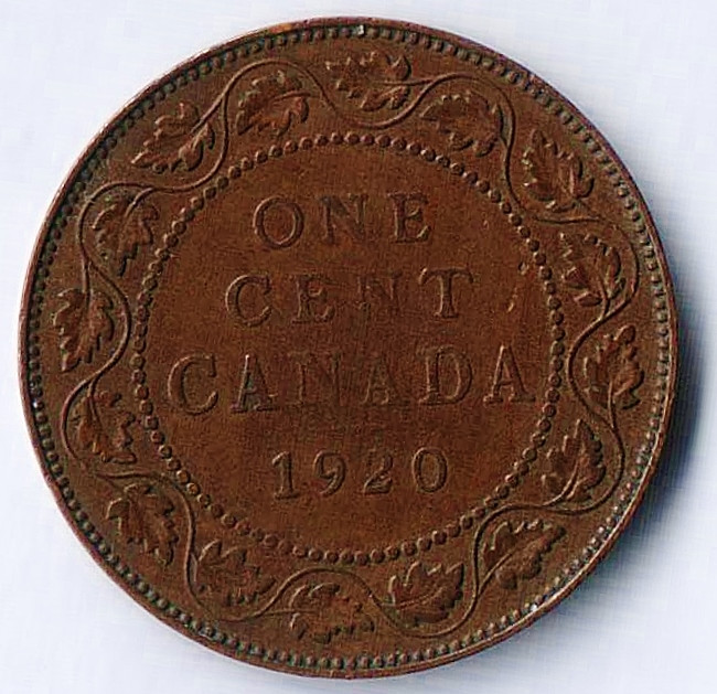 Монета 1 цент. 1920 год, Канада. Тип I.
