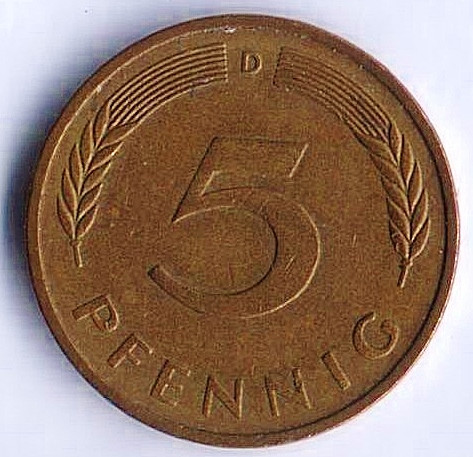 Монета 5 пфеннигов. 1981(D) год, ФРГ.