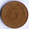 Монета 5 пфеннигов. 1981(D) год, ФРГ.