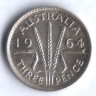 Монета 3 пенса. 1964(m) год, Австралия.