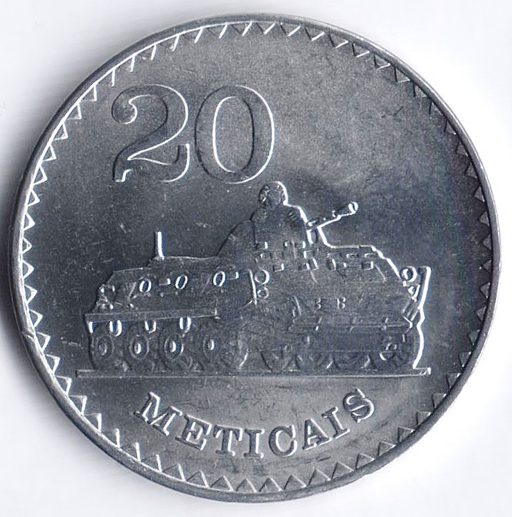Монета 20 метикалов. 1986 год, Мозамбик.